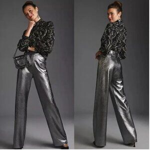 NWT - Anthropologie Hutch Wide Leg Silver Metallic High Waist Shine Pants XS